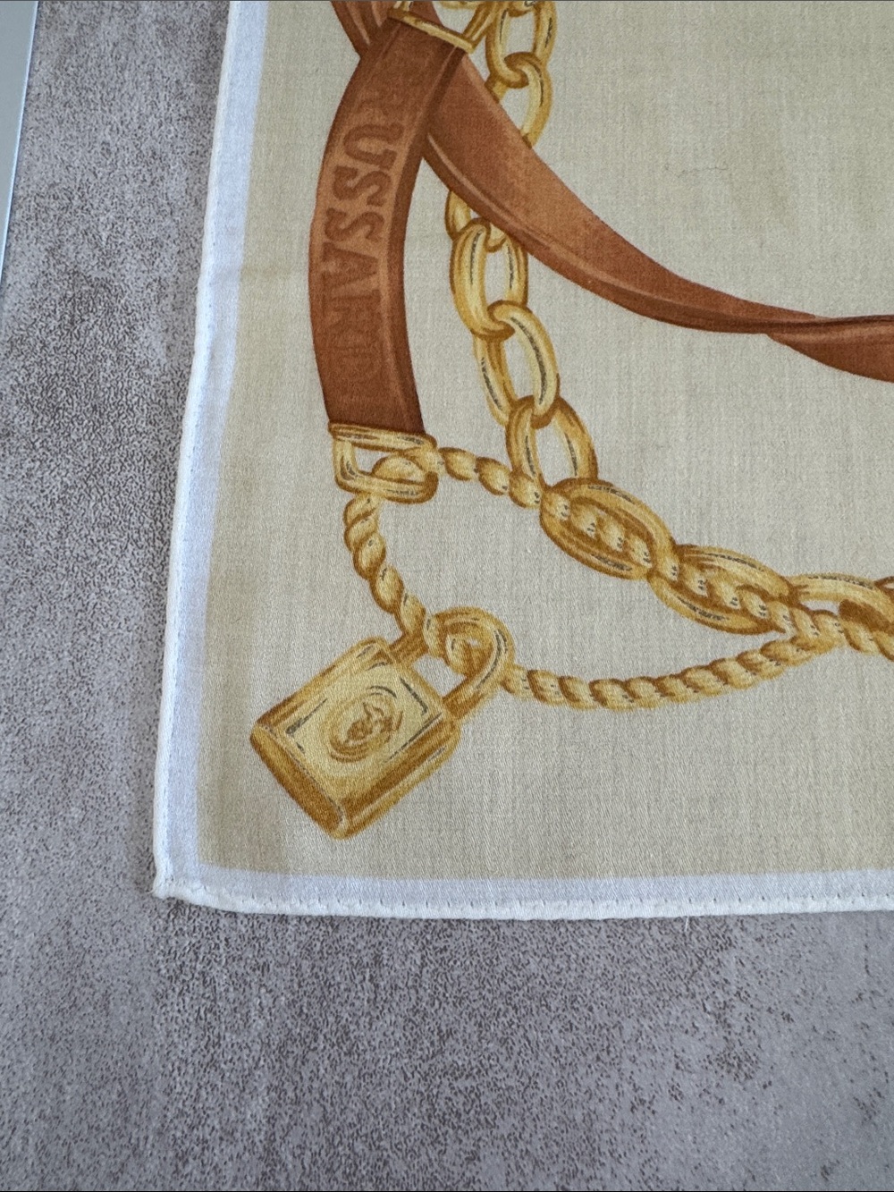 Trussardi Cream, Brown and Gold Chain Print cotton Scarf - Picture 3 of 6